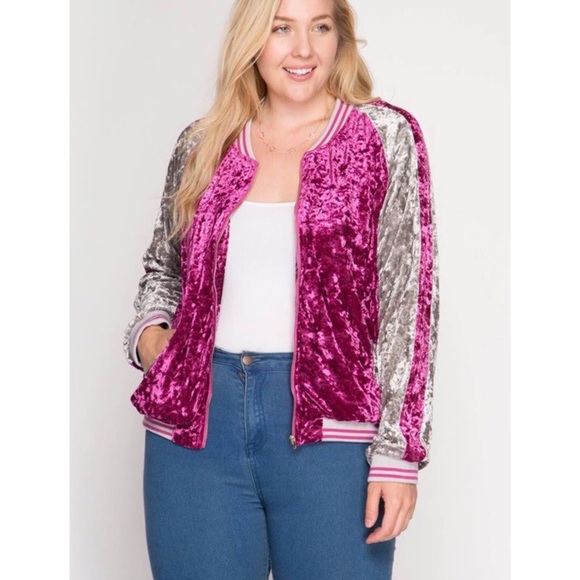 Plus Size Magenta & Silver Velvet Bomber Jacket - Picture 2 of 5